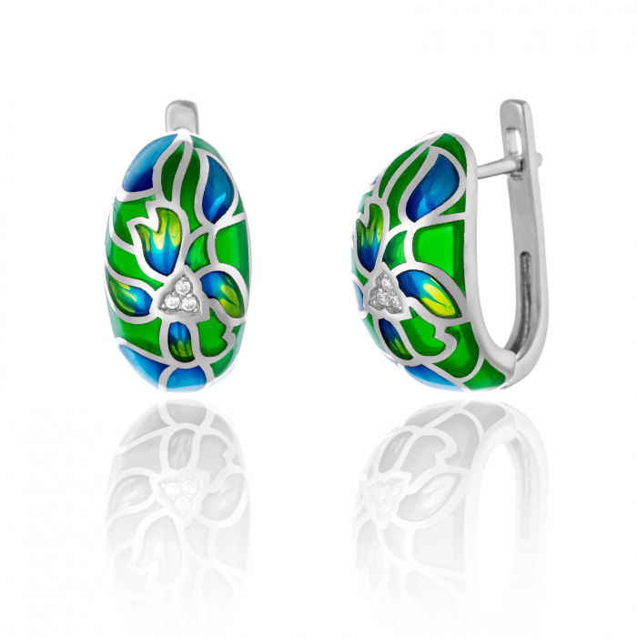 Cercei din argint 925 rodiat, Piatra: zirconia fatetata si email, Culoare: verde, transparent, albastru, [1]