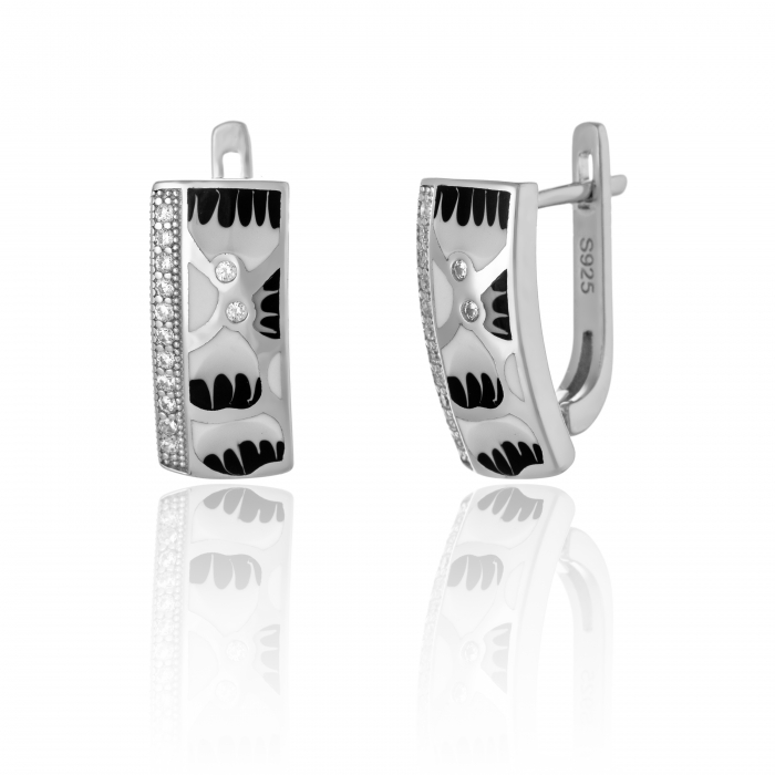 Cercei din argint 925 rodiat , Piatra : cubic zirconia si email , culoare : transparent , alb si negru , [1]