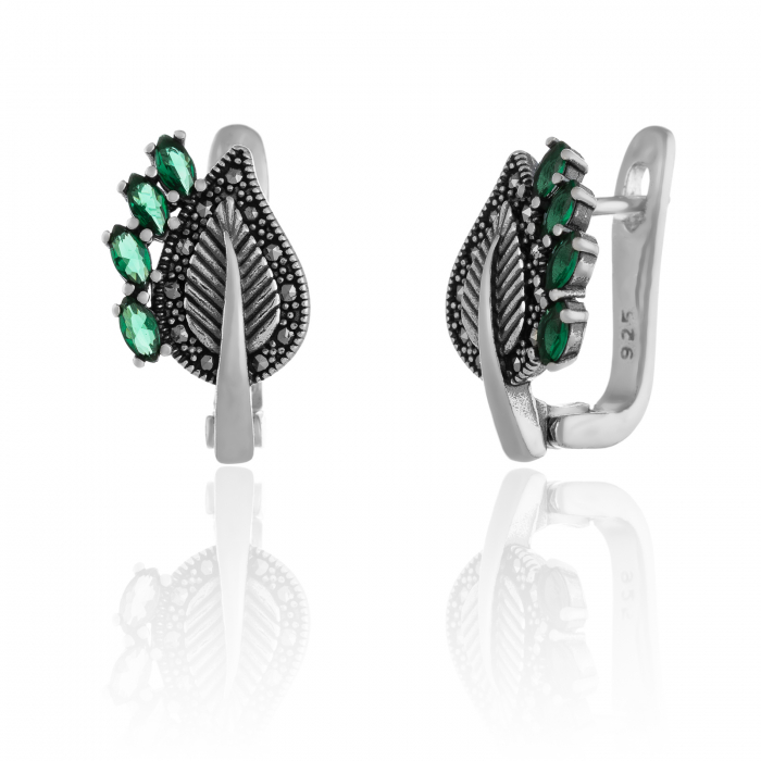 Cercei din argint 925 vintage, Piatra : marcasite si zirconia fatetata, Culoare: verde, [1]