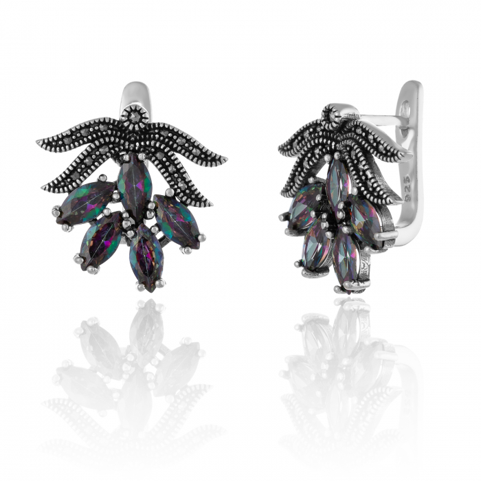 Cercei din argint 925 vintage, Piatra : mistic topaz si marcasite, Culoare : variabila : efect irizat de albastru , verde si violet ,Sonis Silver [1]