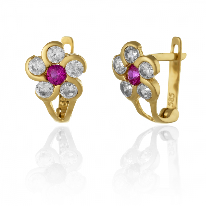 Cercei din aur 585/ 14 kt, Piatra: zirconia fatetata, Culoare: fucsia si transparent [1]