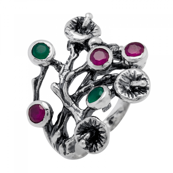 Inel din argint 925, Piatra: rubin si smarald, Latime banda inelara: 3mm/ 22mm, Culoare: rosu si verde, Cod:959#9i5 [1]