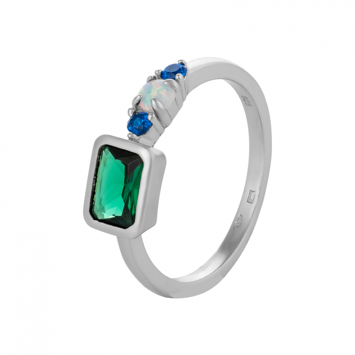 Inel din argint 925 rodiat, Piatra: zirconia fatetata si opal de laborator , Culoare : multicolor, [1]