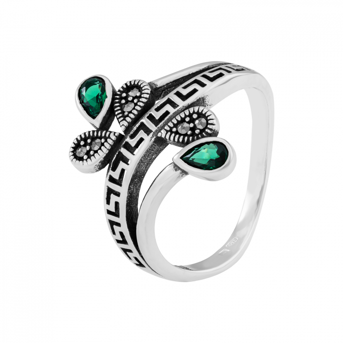 Inel din argint 925 vintage, Piatra: zirconia fatetata si marcasite, Culoare: verde, Sonis Silver [1]