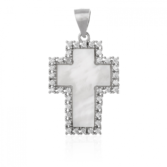 Cruce din argint 925, Piatra: sidef si cubic zirconia, Greutate: 2.68 gr, Culoare: alb sidefat si transparent, Cod:729#9T30 [1]
