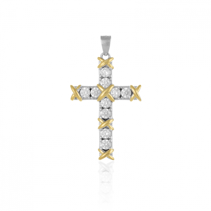 Pandantiv tip " Cruce " din argint  925 placat cu aur de 14 kt ,Piatra: zirconia fatetata , Culoare: transparenta , [1]