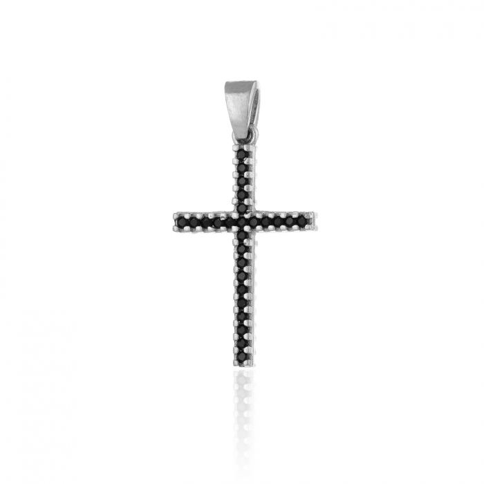Pandantiv tip " Cruce " din argint 925 rodiat , Piatra : cubic zirconia , Culoare :  negru,transparent, [1]