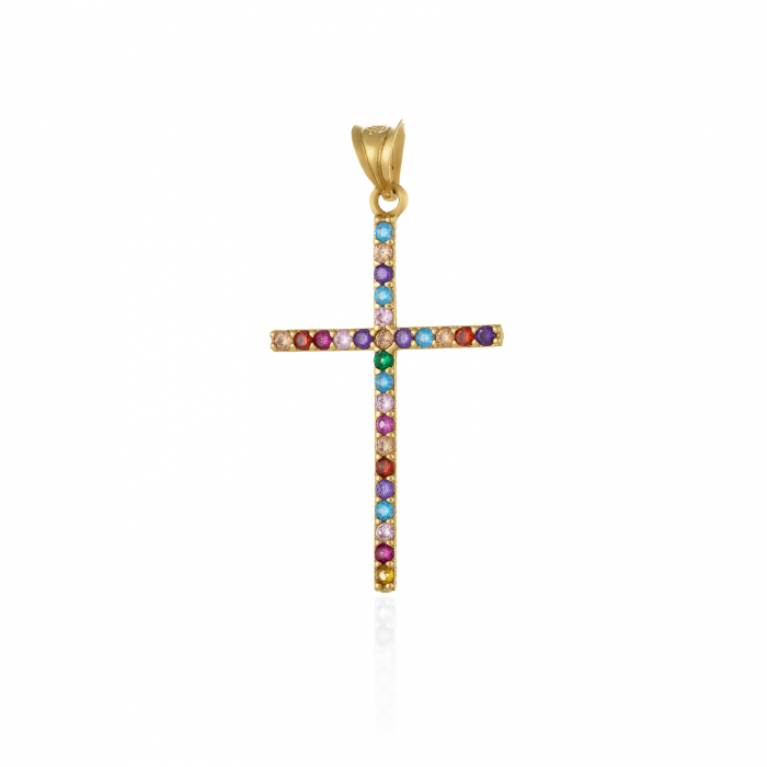Pandantiv tip ''Cruce'', din aur 585/ 14 kt, Piatra: cubic zirconia, Culoare: multicolor [1]