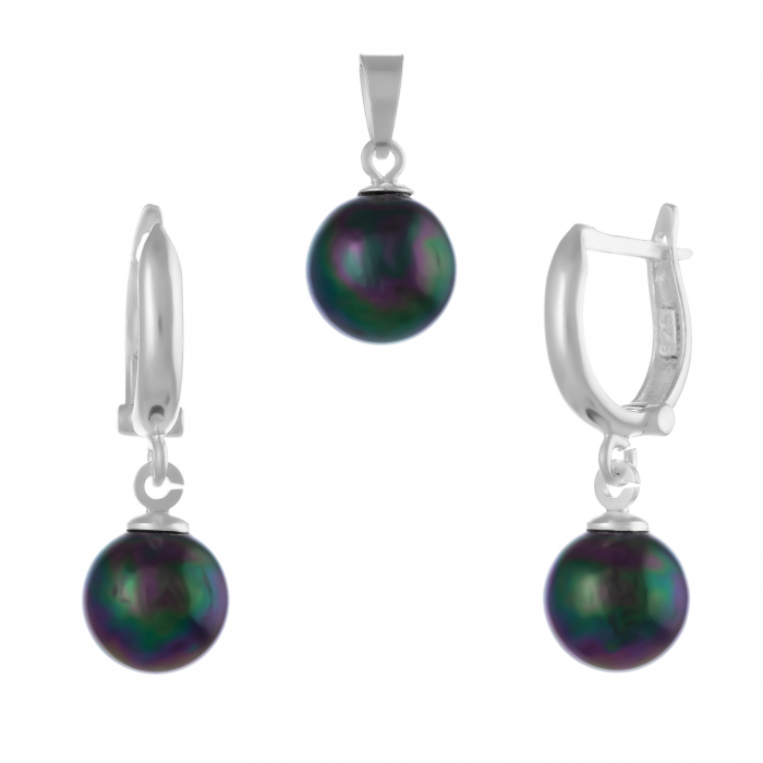 Set din argint 925 ( cercei+pandantiv), Piatra : perla de laborator , Culoare : verde cu insertii, [1]