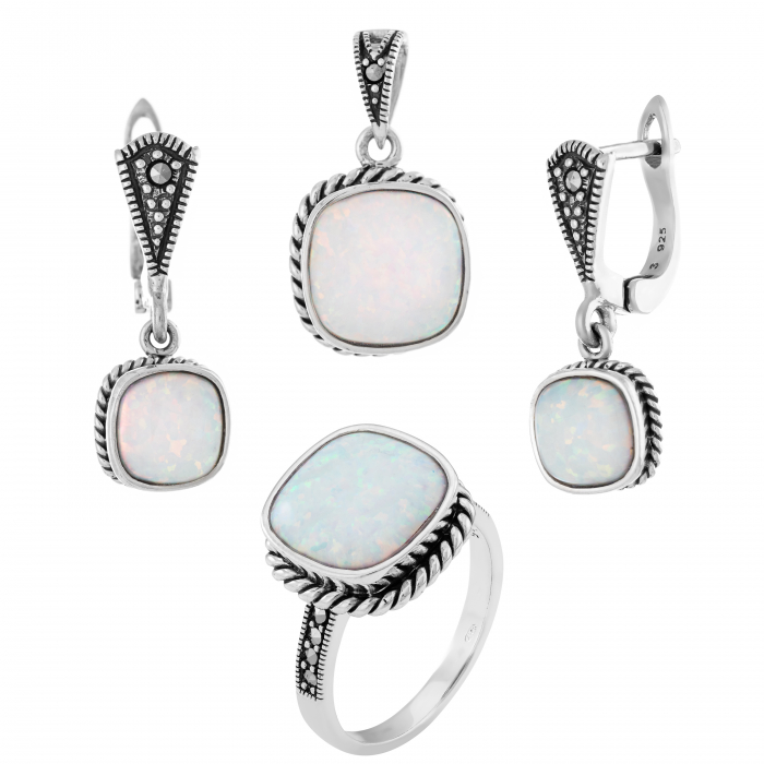 Set din argint 925 (cercei +pandantiv + inel) ,Piatra : opal japonez si marcasite , Culoare : alb , Sonis Silver [1]