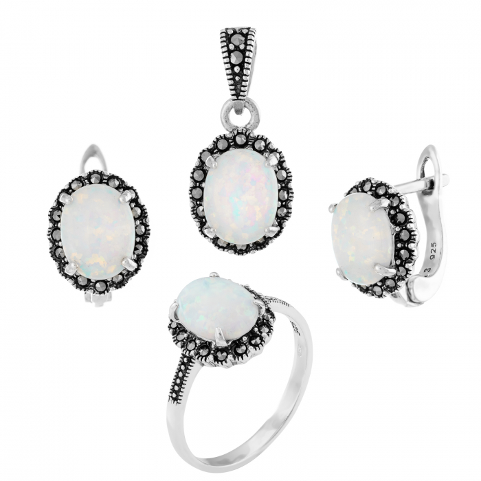 Set din argint 925 ( cercei+pandantiv+inel), Piatra: opal japonez si marcasite, Culoare: alb, Sonis Silver [1]