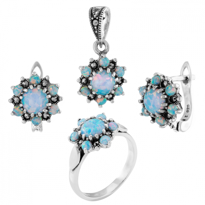 Set din argint 925 ( cercei+pandantiv+inel), Piatra: opal japonez si marcasite, Culoare: albastru, Sonis Silver [1]