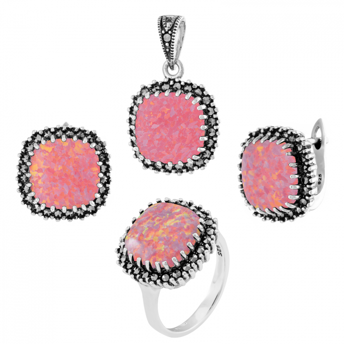 Set din argint 925 ( cercei+pandantiv+inel), Piatra: opal japonez si marcasite, Culoare: roz, Sonis Silver [1]