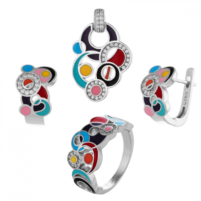 Set din argint 925 ( cercei+pandantiv+inel), Piatra : cubic zirconia si email , Culoare : multicolor , [1]