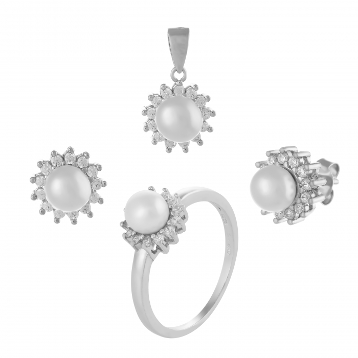 Set din argint 925 rodiat  ( cercei+pandantiv+inel),Piatra : cubic zirconia si perla de laborator , Culoare : transparent si alb , [1]
