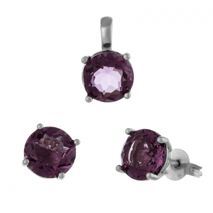 Set din argint 925 (cercei+pandantiv) rodiat , Piatra: zirconia fateta, Culoare: mov, [1]
