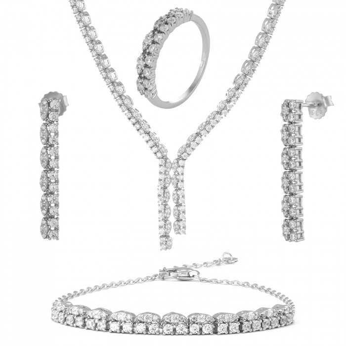 Set din argint 925 rodiat (colier+bratara+cercei+inel), Piatra : cubic zirconia , Culoare : transparenta , [1]