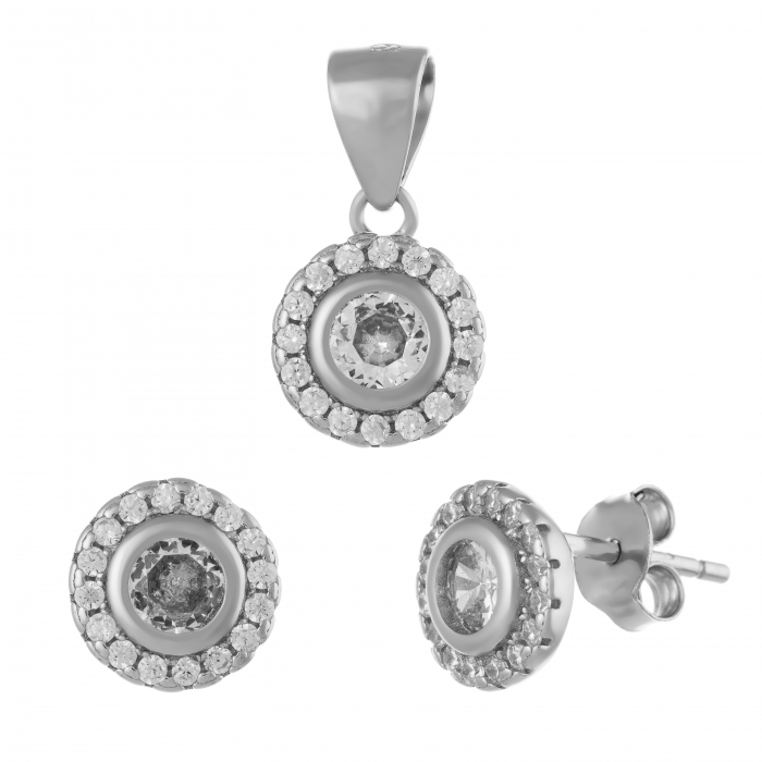 Set din argint 925 rodiat ( cercei+pandantiv), Piatra : zirconia fatetata si  cubic zirconia , Culoare : transparenta , [1]