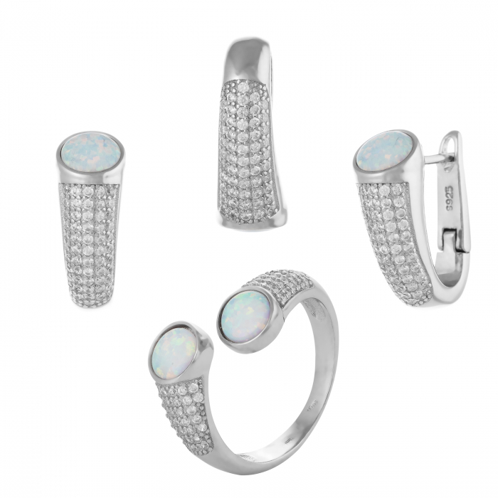 Set din argint 925 rodiat  ( cercei+pandantiv+inel),Piatra : opal de laborator si cubic zirconia , Culoare : alb si transparent , [1]