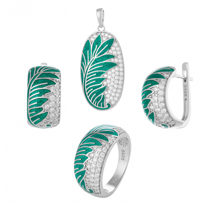 Set din argint 925 rodiat (cercei+pandantiv+inel), Piatra: cubic zirconia, email, Culoare : transparent si verde, [1]