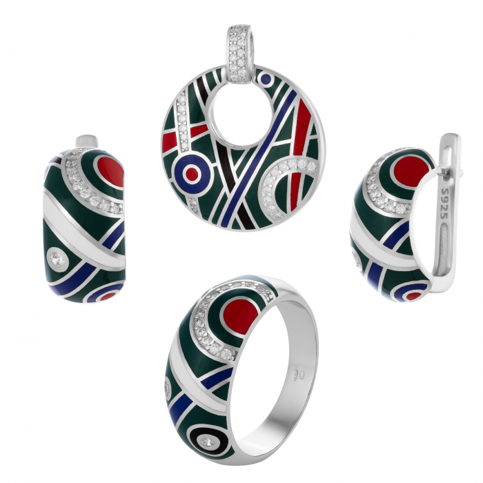Set din argint 925 rodiat (cercei+pandantiv+inel), Piatra: email si cubic zirconia, Culoare: multicolor, [1]