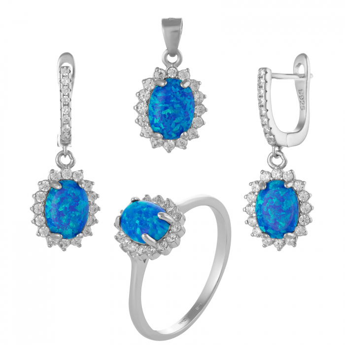 Set din argint 925 rodiat ( cercei+pandantiv+inel), Piatra : opal de laborator si cubic zirconia , Culoare : albastru si transparent, [1]