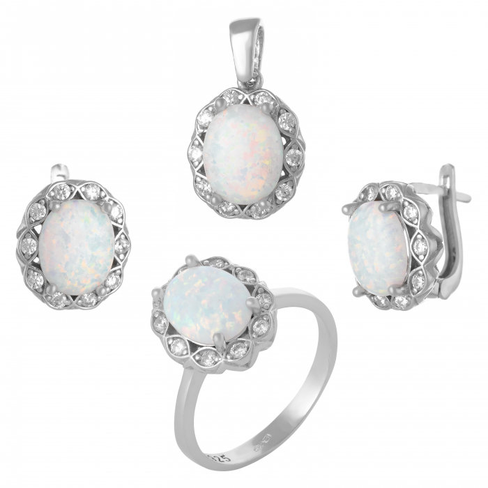 Set din argint 925 rodiat (cercei+pandantiv+inel), Piatra: opal de laborator si cubic zirconia, Culoare: alb cu insertii, [1]