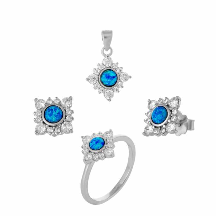 Set din argint 925 rodiat (cercei+pandantiv+inel), Piatra: opal de laborator si cubic zirconia, Culoare: albastru, transparent, Sonis Silver [1]