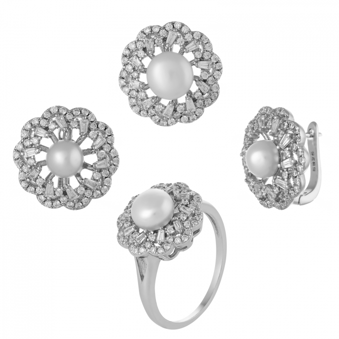 Set din argint 925 rodiat ( cercei+pandantiv+inel), Piatra : perla de laborator si cubic zirconia , Culoare : alb si transparent [1]