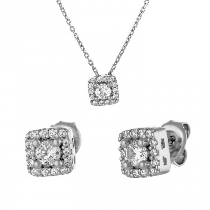 Set din argint 925 rodiat (cercei+pandantiv+lant), Piatra: zirconia fatetata si cubic zirconia, Culoare: transparenta, [1]