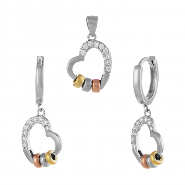 Set din argint 925  ( cercei+pandantiv), placat cu aur galben si rose de 14 kt, Piatra : cubic zirconia , Culoare : transparenta , [1]