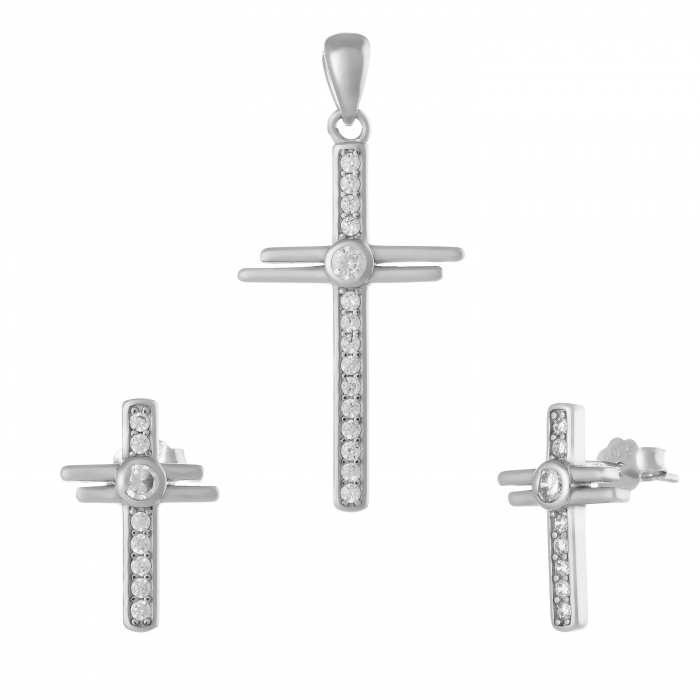 Set din argint 925 rodiat ( cercei+pandantiv ), Piatra: zirconia fatetata si cubic zirconia, Culoare: transparenta, [1]