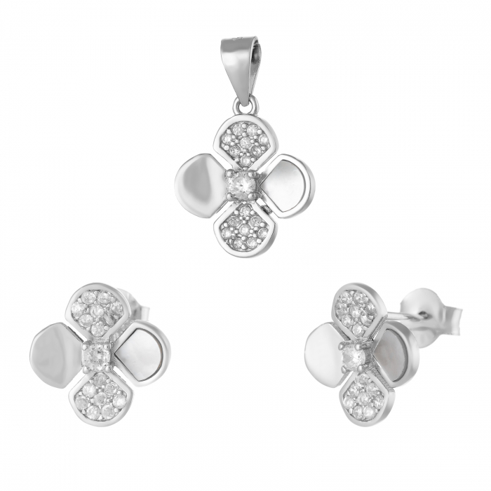 Set din argint 925 rodiat ( cercei+pandantiv ) , Piatra : cubic zirconia si sidef, Culoare : transparenta si sidef, [1]