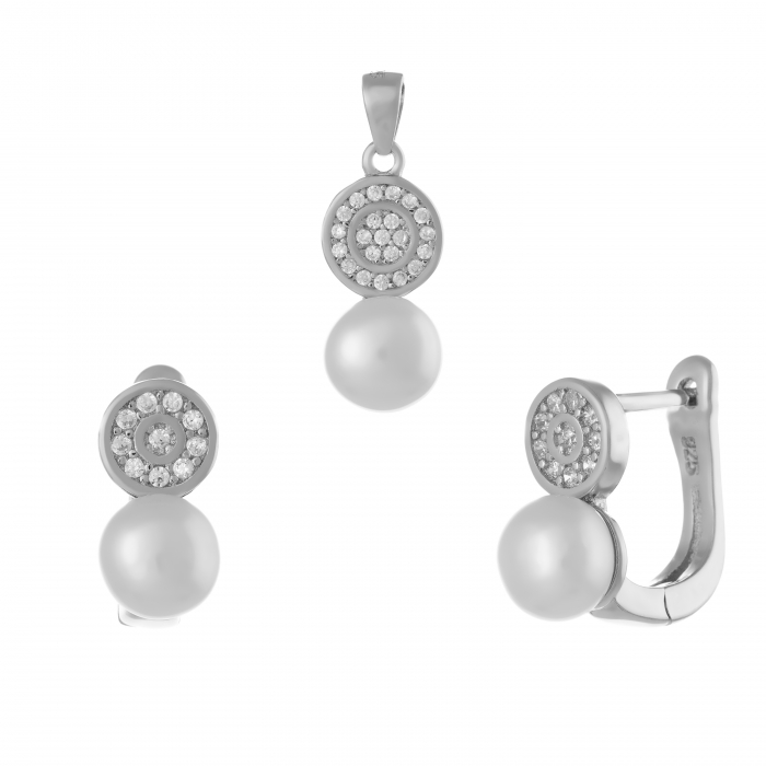 Set din argint 925 rodiat ( cercei+pandantiv), Piatra: perla de laborator si cubic zirconia, Culoare: alb si transparent, [1]