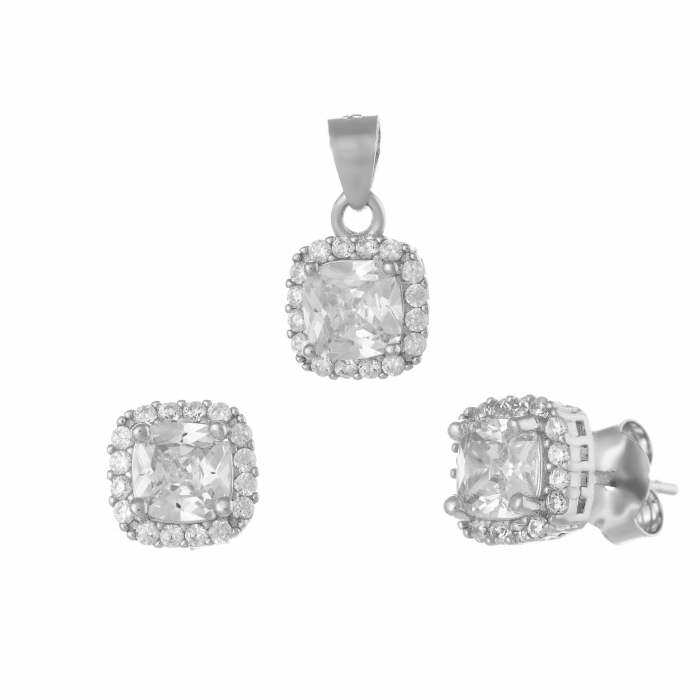 Set din argint 925 rodiat (cercei+pandantiv), Piatra: zirconia fatetata si cubic zirconia, Culoare: transparenta, [1]