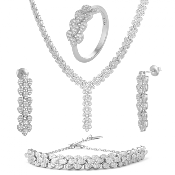 Set din argint 925 rodiat ( colier +bratara+cercei+inel), Piatra : cubic zirconia , Culoare : transparenta , [1]