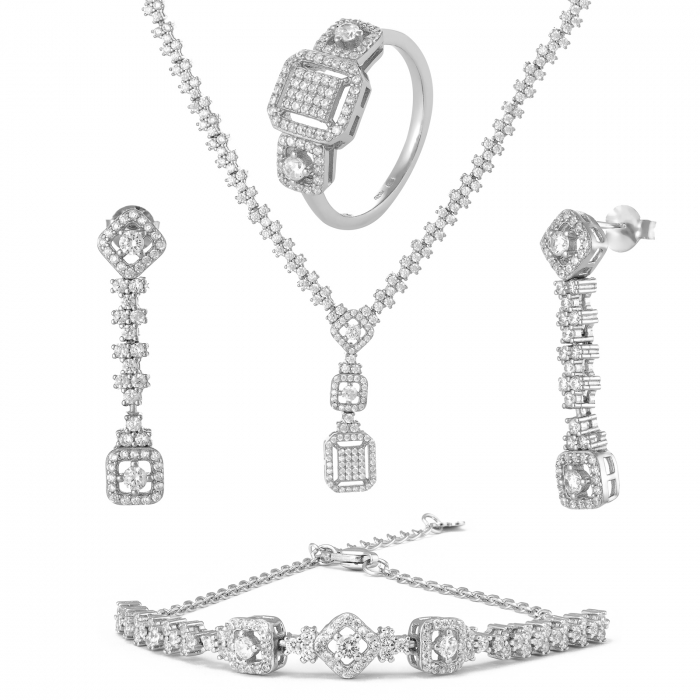 Set din argint 925 rodiat (colier+bratara+cercei+inel), Piatra : cubic zirconia , Culoare : transparenta , [1]