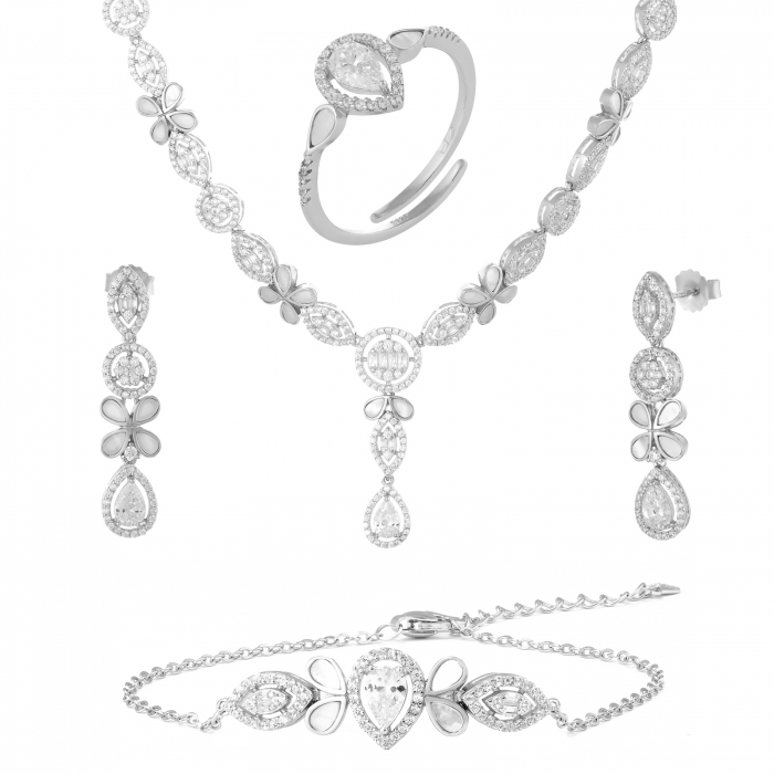 Set din argint 925 rodiat ( colier+bratara+cercei+inel), Piatra : sidef, zirconia fatetata si cubic zirconia , Culoare : sidef si transparenta , [1]