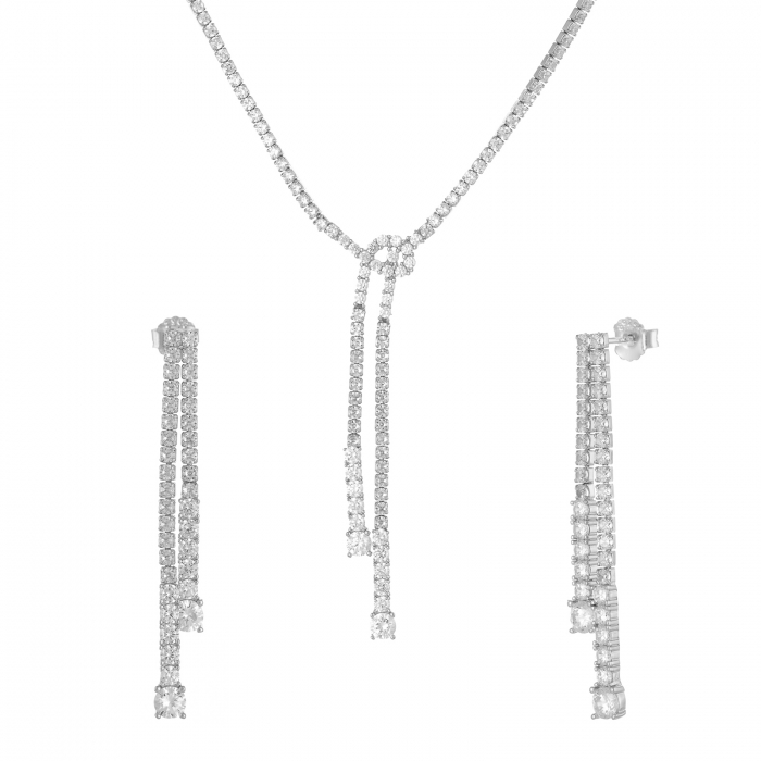 Set din argint 925 rodiat ( colier+cercei), Piatra : zirconia fatetata , Culoare : transparenta , [1]