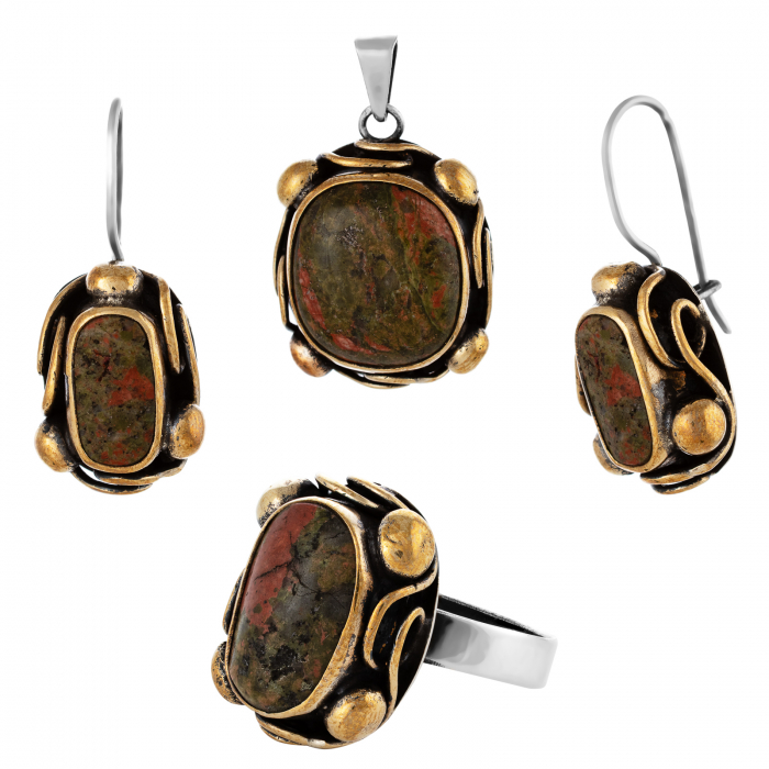 Set din argint 925 vintage ( cercei+pandantiv+inel),Piatra: unakit, culoare: multicolor, [1]