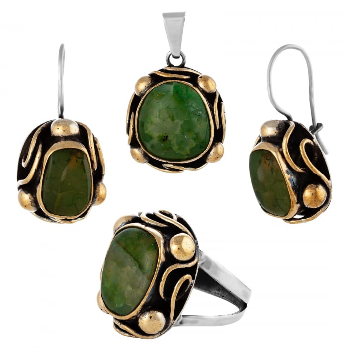 Set din argint 925 vintage ( cercei+pandantiv+inel), Piatra : Smarald , Culoare : verde cu insertii, [1]
