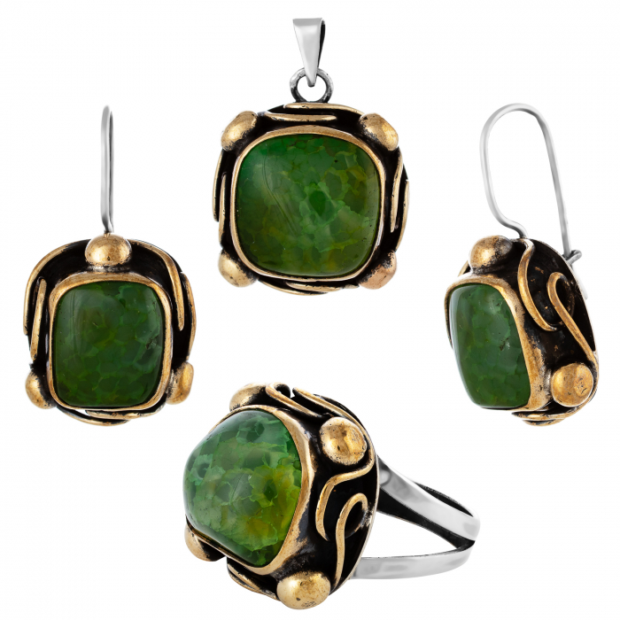 Set din argint 925 vintage ( cercei+pandantiv+inel), Piatra: smarald, Culoare: verde, [1]