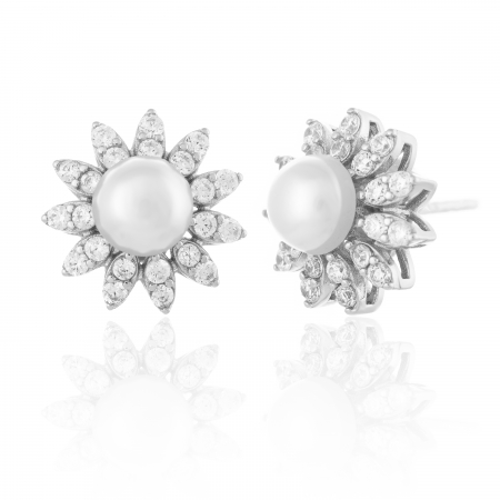 Produse - Cercei din argint 925 rodiat, Piatra:  perla de  laborator si cubic zirconia, Culoare: alb si transparenta, Sonis Silver