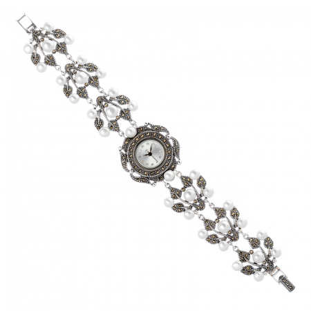 Ceas din argint 925, Piatra: perle de cultura si marcasite, Greutate: 50.1 gr, Culoare: alb si transparent, Cod:4379B1 [0]