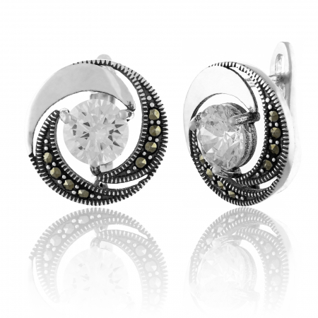 Cercei din argint 925, Tip inchidere: latch back (frantuzeasca), Piatra: zirconia fatetata si marcasite, Culoare: transparenta, Sonis Silver [0]