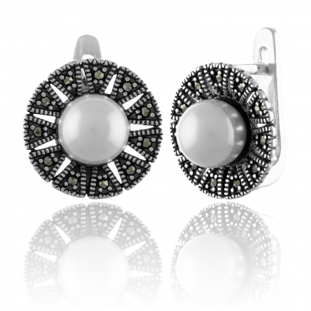 Cercei din argint 925, Tip inchidere: latch back (frantuzeasca), Piatra: perla de laborator si marcasite, Culoare: alb, Sonis Silver [0]