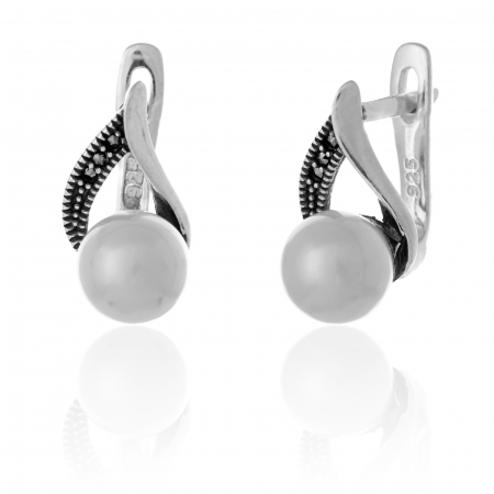 Cercei clasici - Cercei din argint 925, Piatra: marcasite si perla de laborator ,Culoare : alb,  Sonis Silver