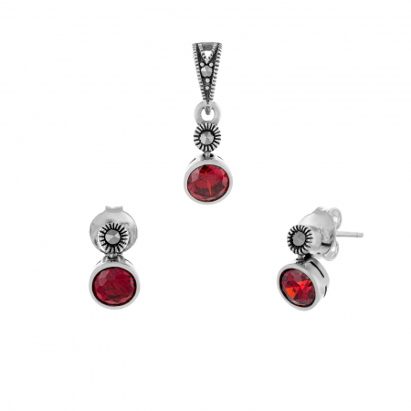Produse - Set din argint 925 ( cercei+pandantiv ), Piatra: zirconia fatetata si marcasite,Culoare: rosu, Sonis Silver