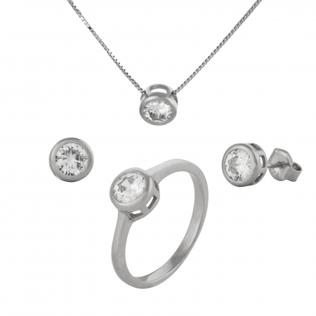 Seturi bijuterii cu piatra - Set din argint 925 rodiat ( cercei+lant+inel )  Piatra : zirconia fatetata, Culoare : transparent , Sonis Silver