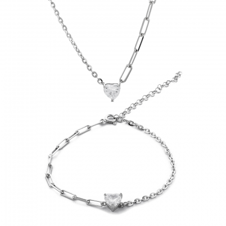 Seturi bijuterii cu piatra - Set din argint 925 rodiat ( lant+bratara ), Piatra: zirconia fatetata, Culoare: transparenta, Sonis Silver